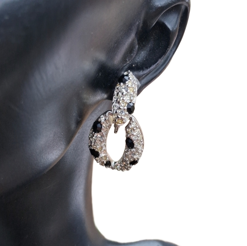 Vintage Swarovski Black & White Pave Rhinestone Doorknocker Earrings Glam